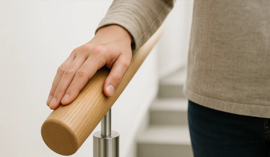 Ein ergonomisch auf 90 cm Höhe montierter Handlauf sorgt für sicheren Halt an der Treppe.
