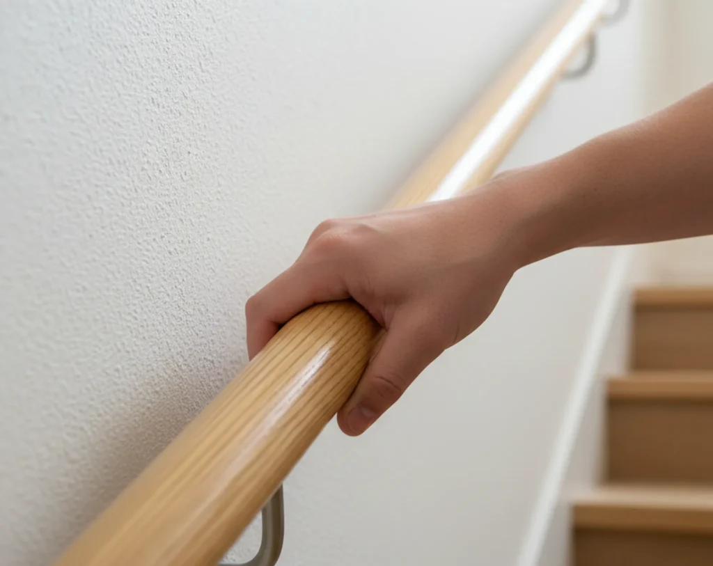Eine Person greift sicher einen ergonomisch geformten Handlauf an einer Treppenwand.