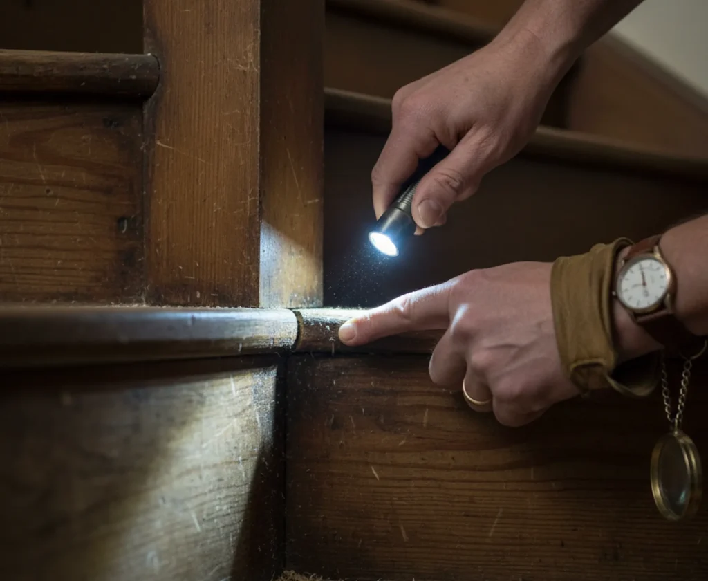 Eine Person untersucht die Fugen einer Holztreppe, um die Ursache für das Knarren zu finden