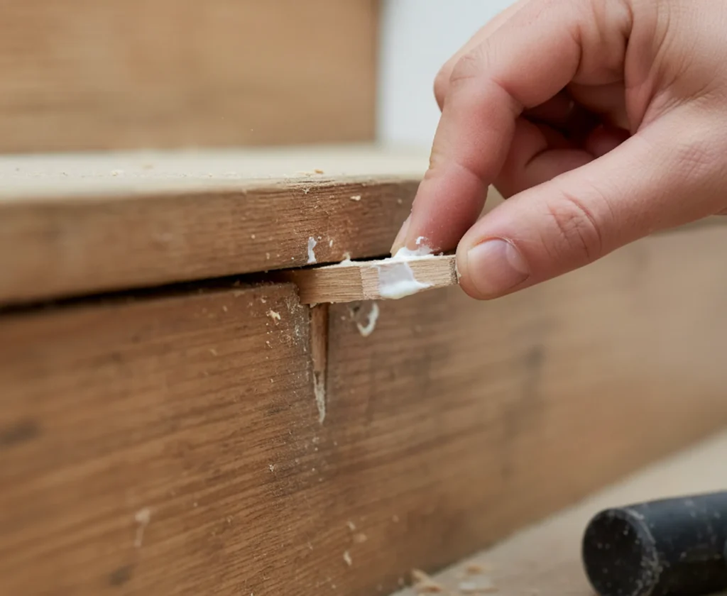 Ein kleiner Holzkeil wird in die Fuge einer knarrenden Treppe eingesetzt, um die Verbindung zu stabilisieren.