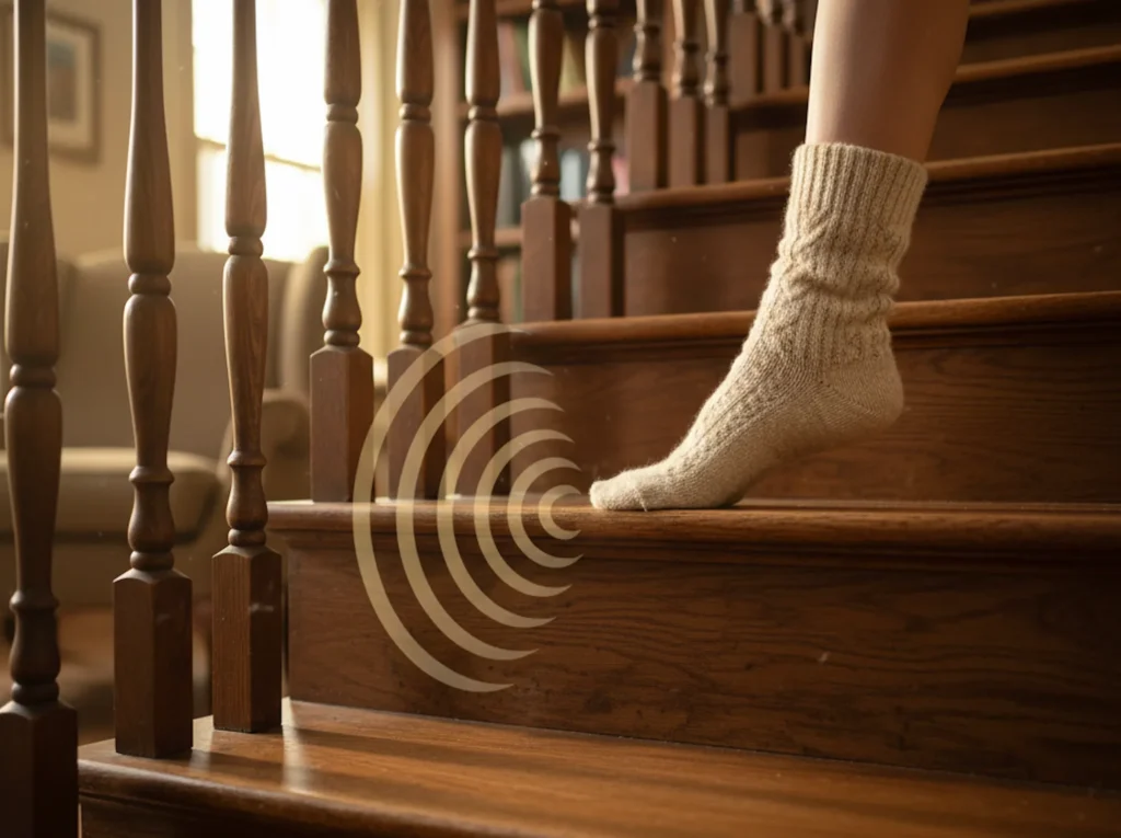 Eine knarrende Holztreppe, die bei jedem Schritt Geräusche macht.