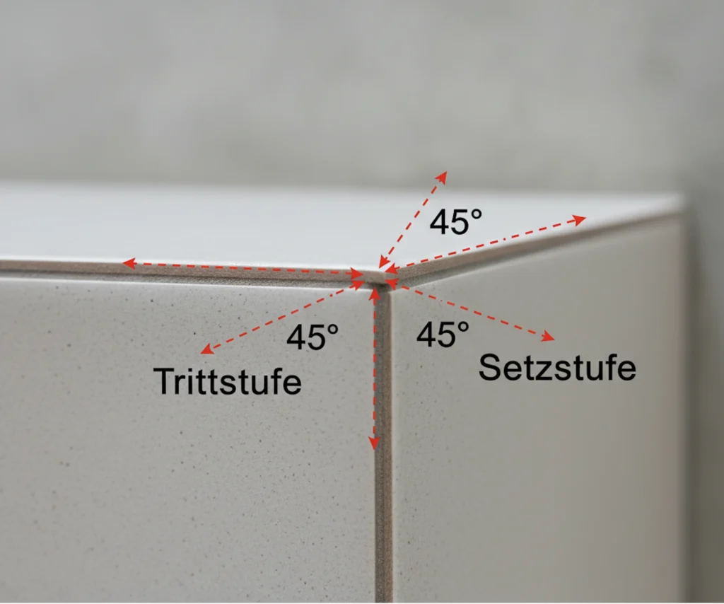 Detailaufnahme einer perfekt auf Gehrung geschnittenen Jolly-Kante bei einer Fliesentreppe