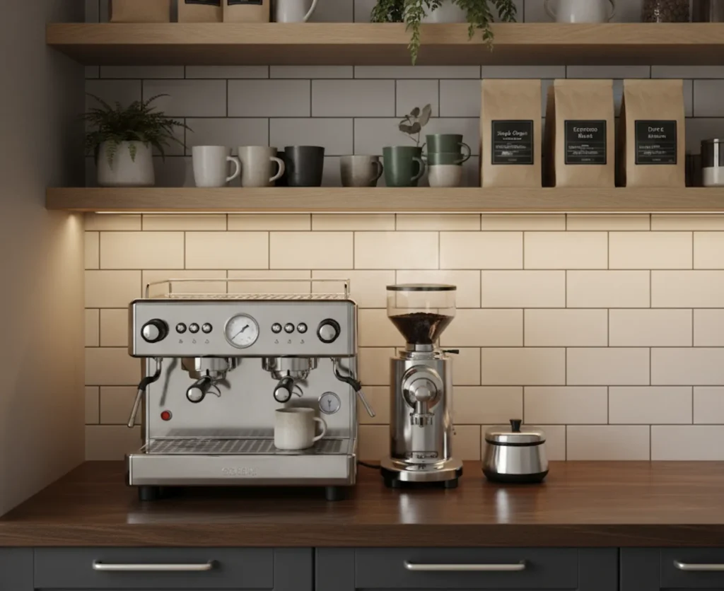 Eine hochwertig ausgestattete Kaffeeecke mit einer Siebträgermaschine und Kaffeemühle.