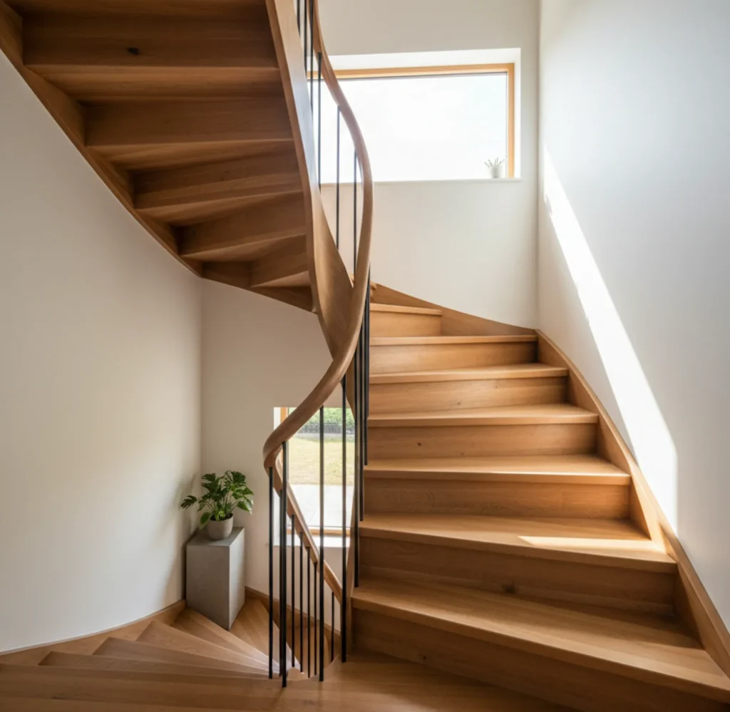 Eine gut geplante, gewendelte Treppe aus Holz, die auch in einem kleinen Treppenhaus für ein großzügiges Gefühl sorgt.