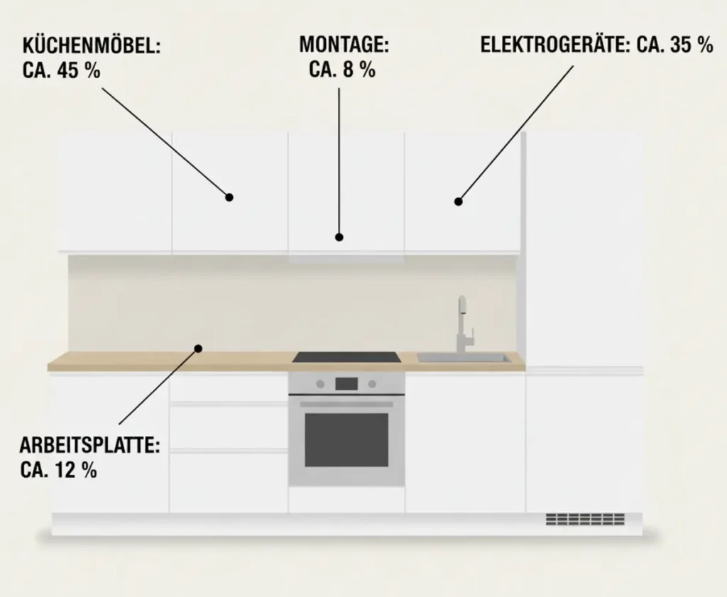 Infografik zur prozentualen Kostenaufteilung einer neuen Küche: Möbel, Elektrogeräte, Arbeitsplatte und Montage.