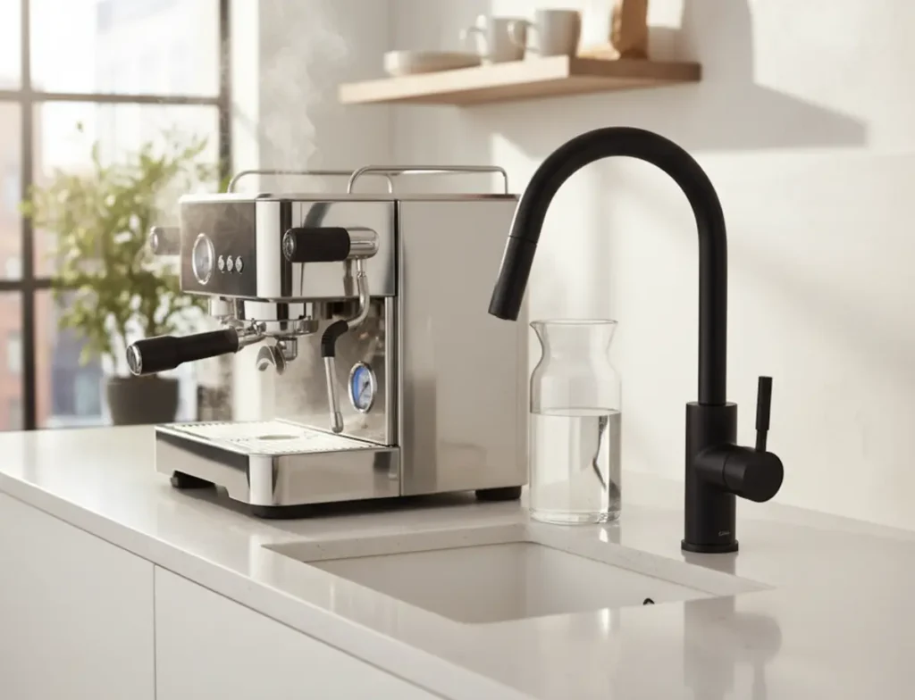 Hochwertige Espressomaschine und 3-Wege-Armatur in einer modernen Küche für Barista-Qualität.