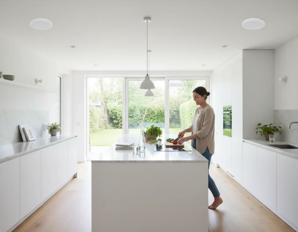 Eine moderne offene Küche mit dezent in die Decke integrierten Lautsprechern für Musik beim Kochen.