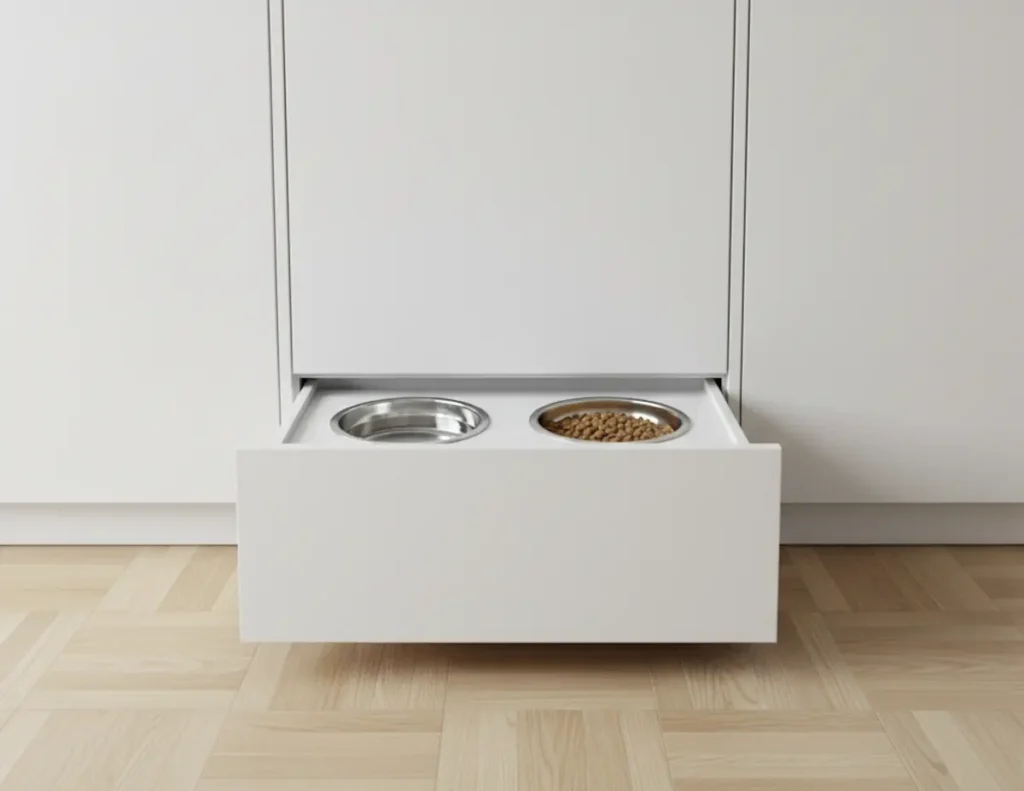 Eine in den Sockel integrierte, ausziehbare Futterstation mit zwei Edelstahlnäpfen in der Küche.