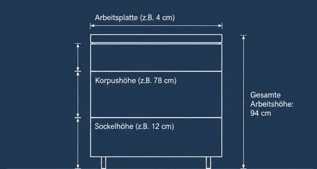 Technische Zeichnung der Küchen-Bestandteile: Korpus, Sockel und Arbeitsplatte ergeben die Gesamthöhe.