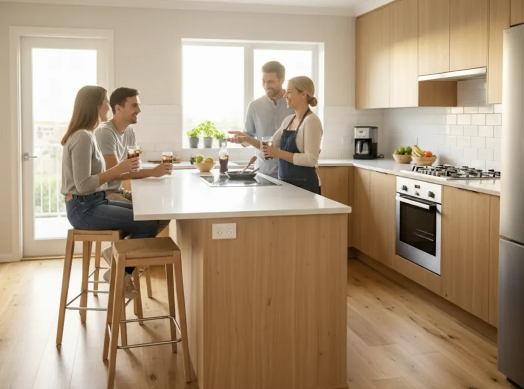 Ein Mann kocht an einer Halbinsel und unterhält sich dabei mit seiner Familie.