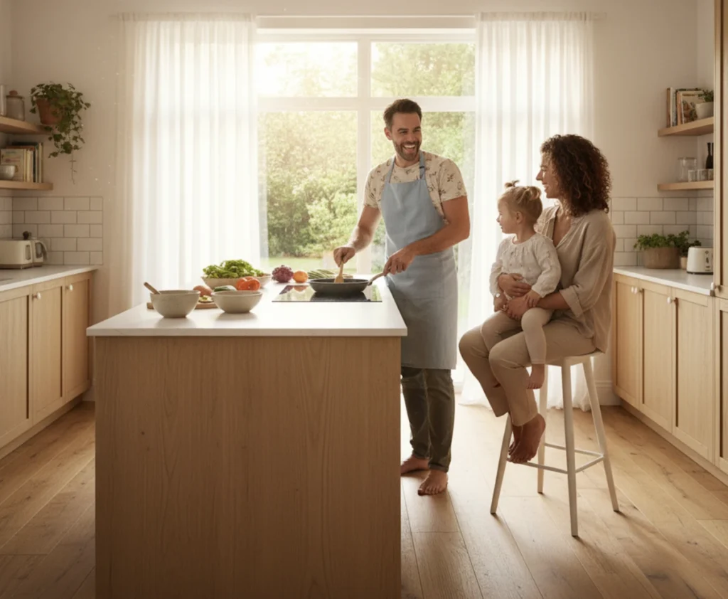 Die Kücheninsel integriert die Familie beim Kochen.
