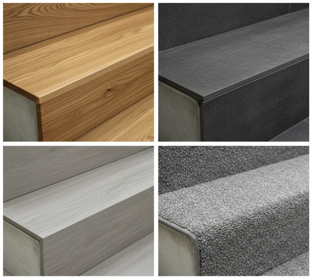 Materialvergleich für Treppenbeläge: Holz, Fliesen, Vinyl und Teppich.