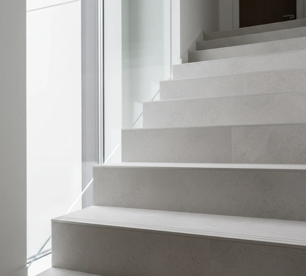 Eine modern mit großformatigen Fliesen verkleidete Betontreppe mit einer Glasbalustrade.