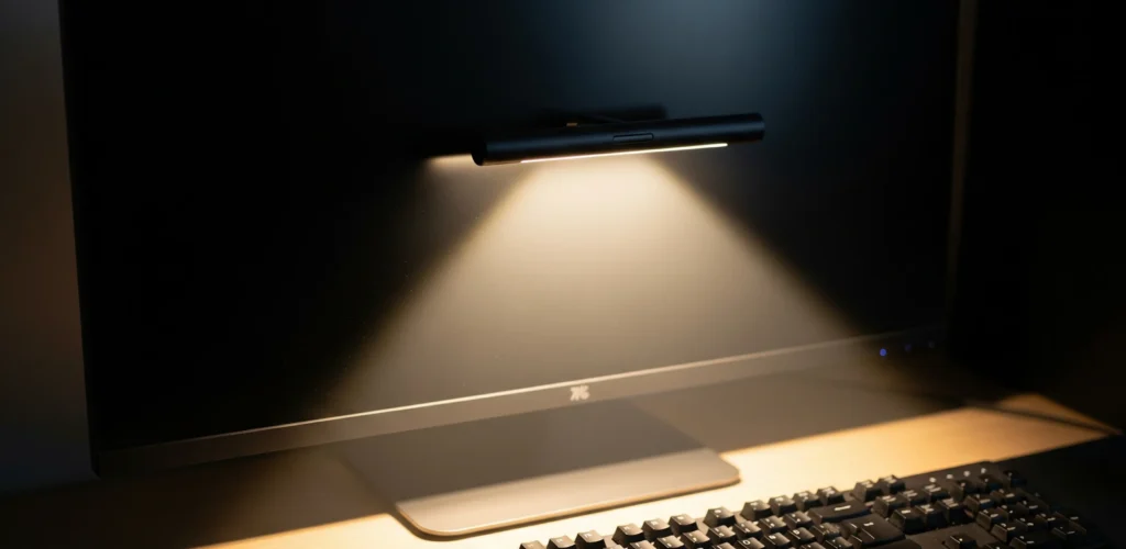 Eine moderne Monitorleuchte, die den Schreibtisch beleuchtet, ohne den Bildschirm zu spiegeln.