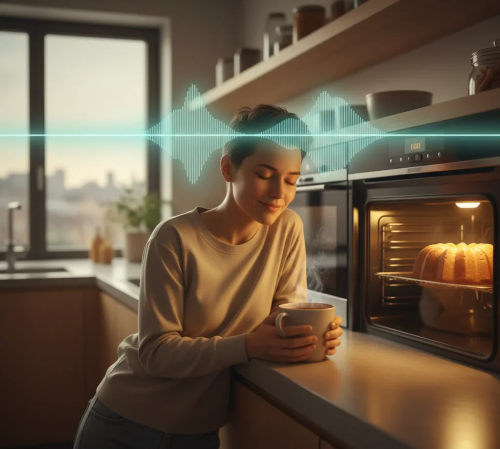 Eine Person genießt mit geschlossenen Augen Musik in der Küche, während ein Kuchen im Ofen backt. Symbol für perfekten Klang und Entspannung.