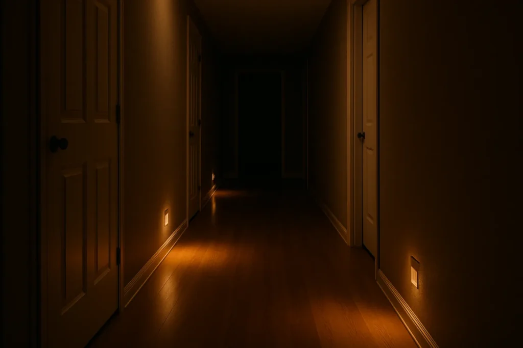 Ein dunkler Flur wird nachts von einem sanften, warmweißen Orientierungslicht sicher beleuchtet