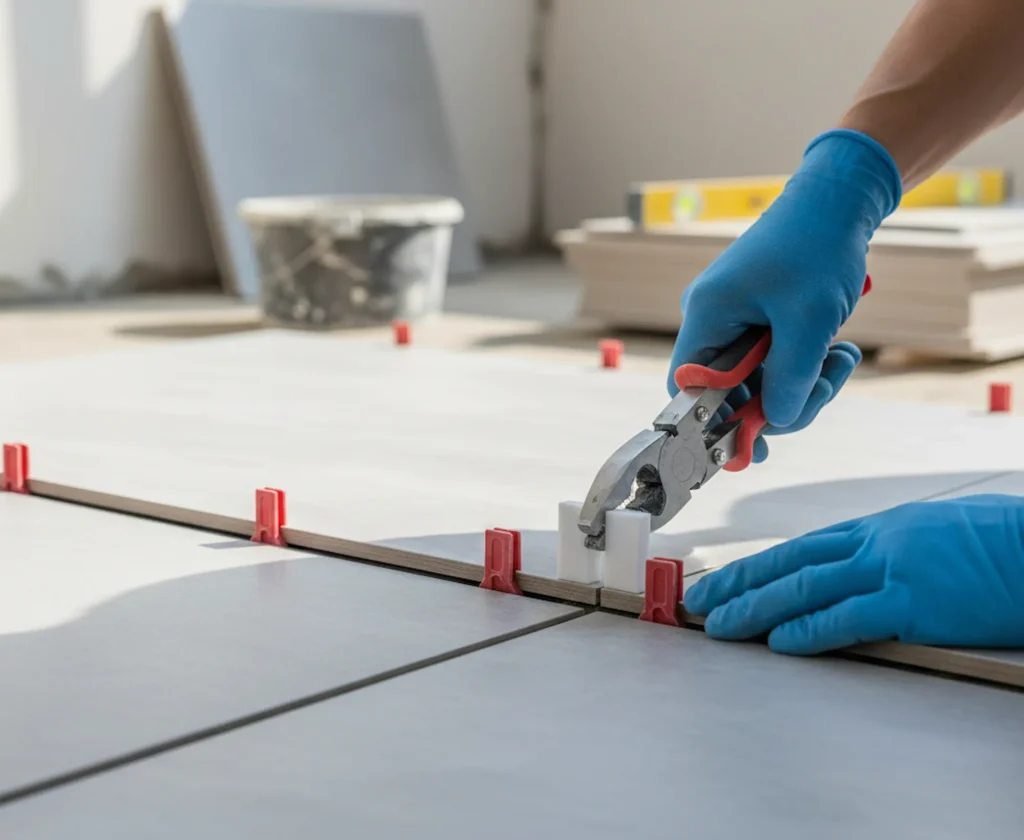 Ein Fliesenleger nutzt ein Nivelliersystem mit Keilen, um Großformatfliesen ohne Kantenüberstände zu verlegen.