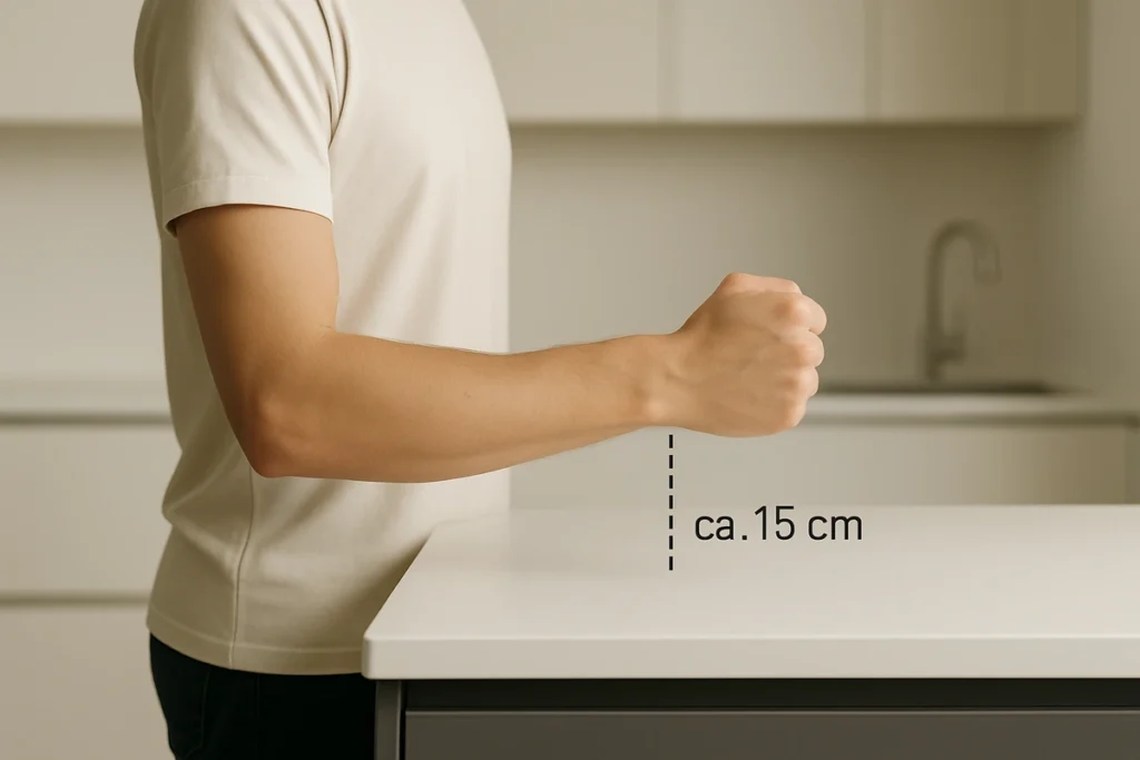 Die ergonomische Ellenbogen-Regel zur Bestimmung der perfekten Arbeitshöhe in der Küche.