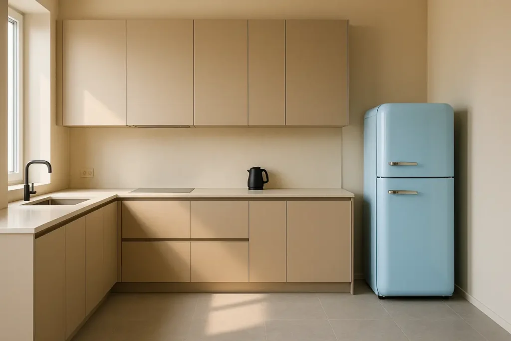 Ein freistehender Retro-Kühlschrank in Pastellblau als Design-Highlight in einer modernen Küche.