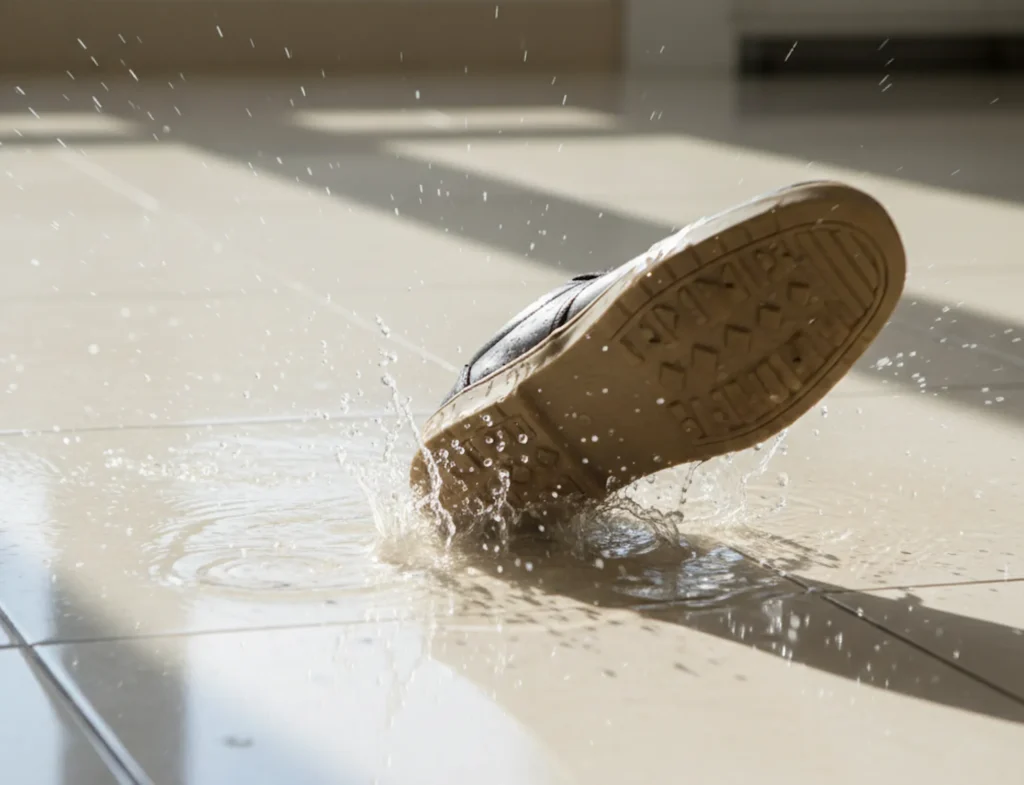Nasse Schuhsohle auf einem glatten, rutschigen Fliesenboden im Eingangsbereich.