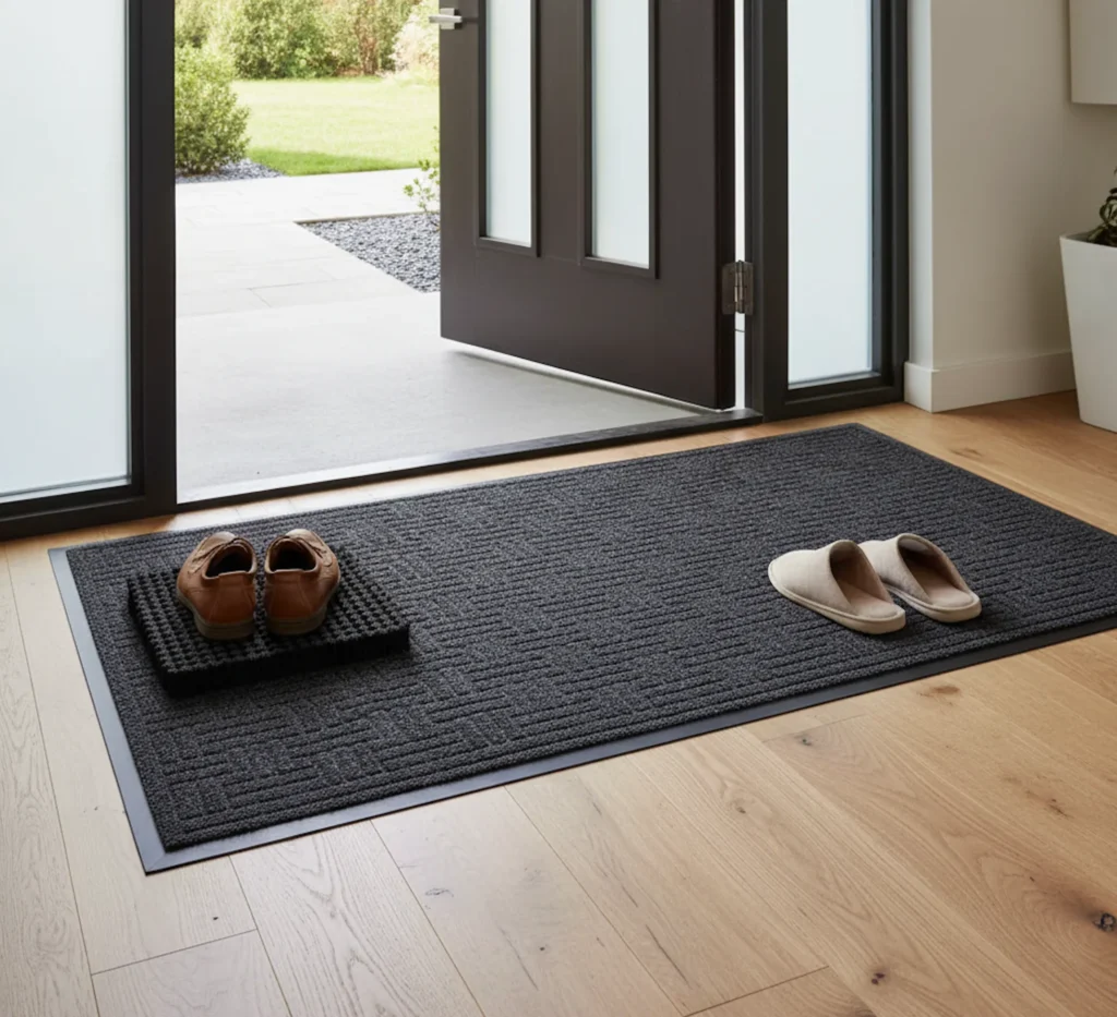 Ein zweistufiges Schmutzfangsystem mit einer groben Matte außen und einer feinen Matte innen.