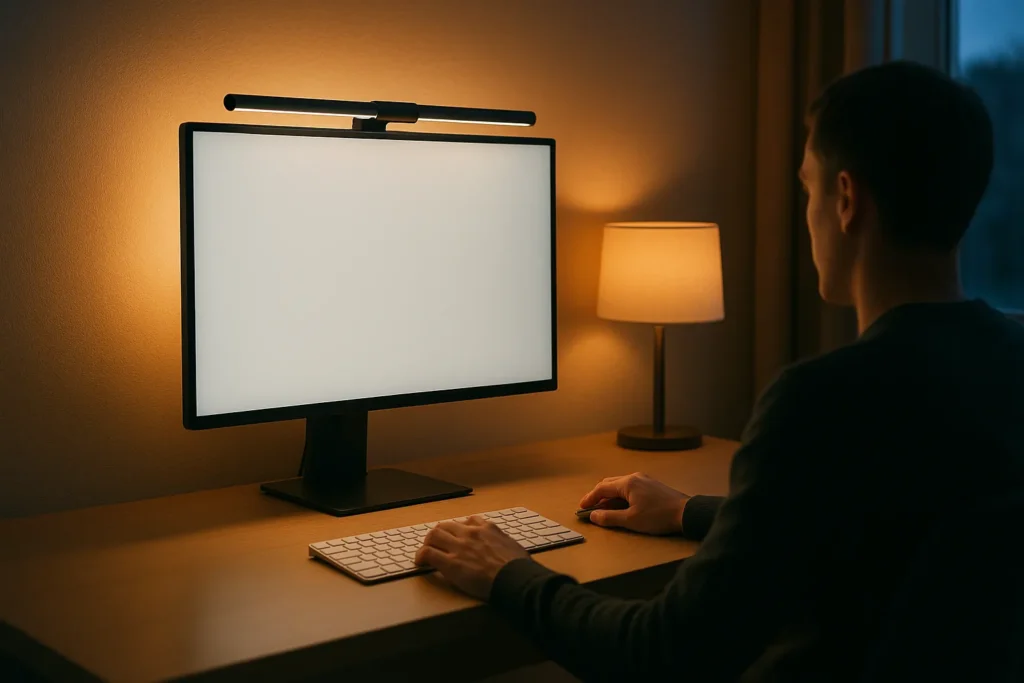 Ein ergonomisch beleuchteter Schreibtisch mit einer Monitorleuchte und indirektem Hintergrundlicht.