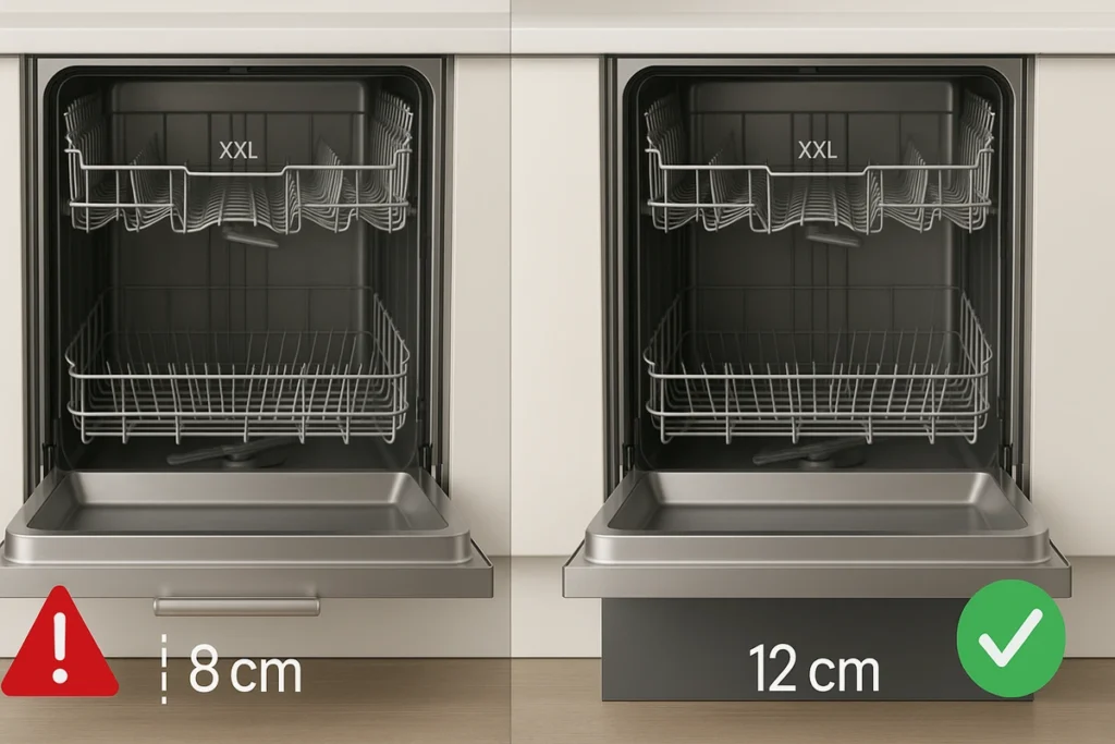 Darstellung, wie eine niedrige Sockelhöhe mit der Tür eines XXL-Geschirrspülers kollidieren kann.