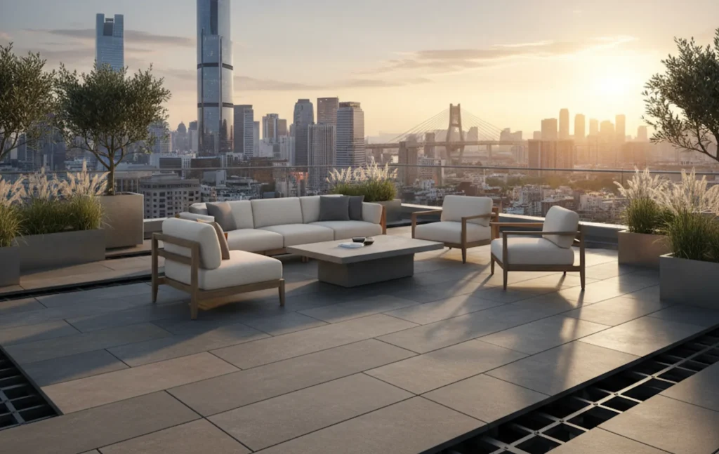 Moderne Terrasse mit 2 cm starken Feinsteinzeugplatten auf Stelzlager, eine langlebige und frostsichere Lösung.