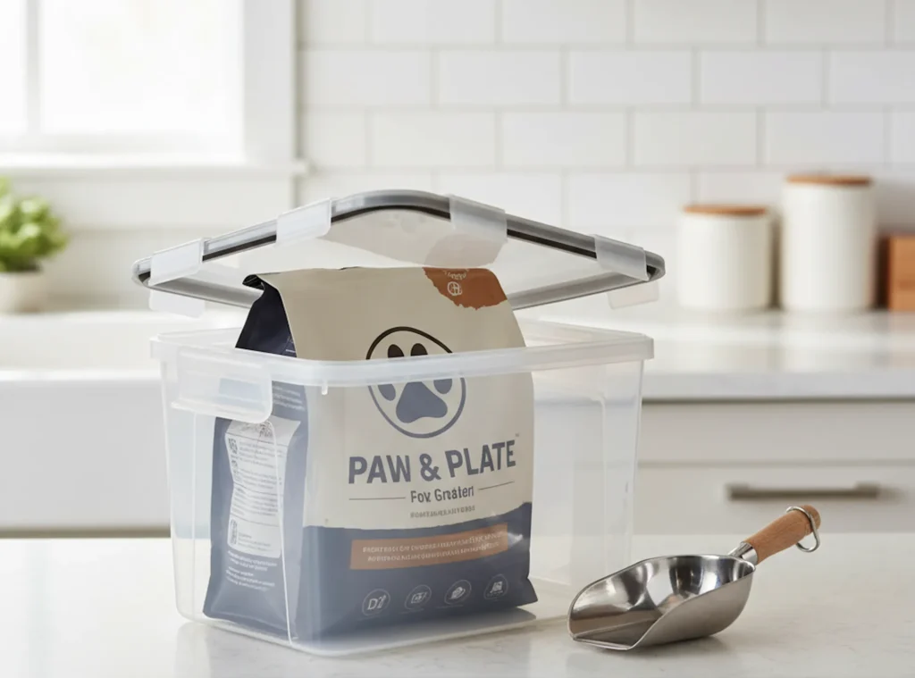 Geruchssichere Lagerung von Tierfutter: Der Original-Futterbeutel steht in einem luftdichten Behälter.