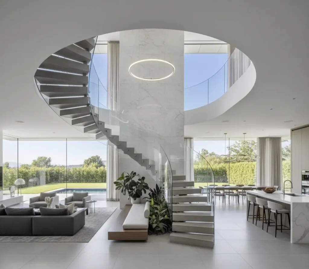 Eine modern geplante Treppe als zentrales Architekturelement in einem offenen Wohnraum.