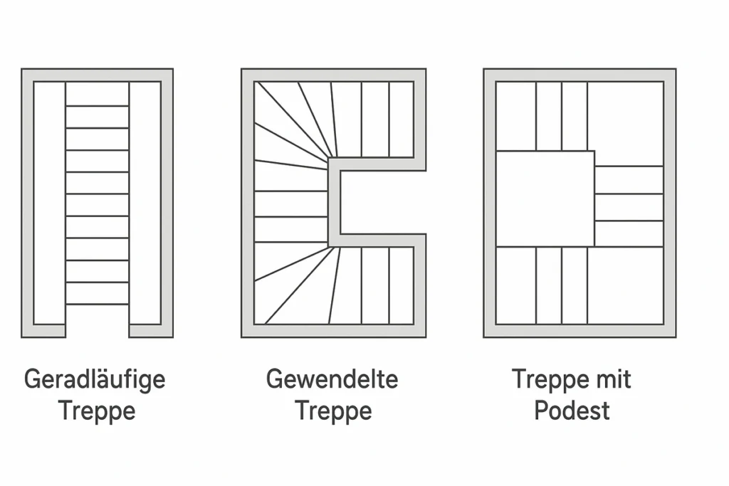 Grundriss-Vergleich: geradläufige Treppe, gewendelte Treppe und Treppe mit Podest.