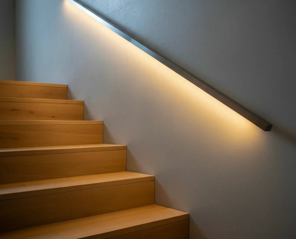 Ein in den Handlauf integrierter LED-Streifen als elegante und blendfreie Treppenbeleuchtung.