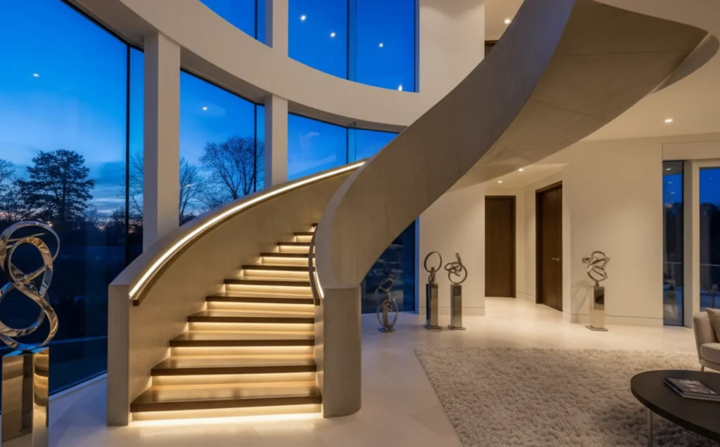 Eine modern und blendfrei beleuchtete Treppe sorgt für Sicherheit und eine warme Atmosphäre.