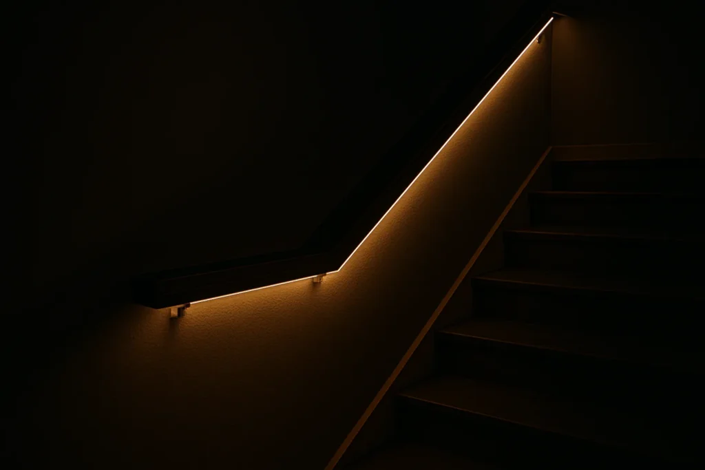 Eine LED-Leiste im Handlauf sorgt für eine sichere und blendfreie Treppenbeleuchtung in der Nacht.