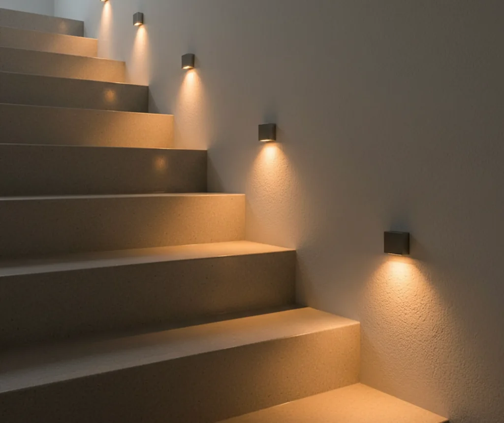 Niedrig montierte Wandeinbauspots, die die Treppenstufen gezielt und blendfrei ausleuchten.