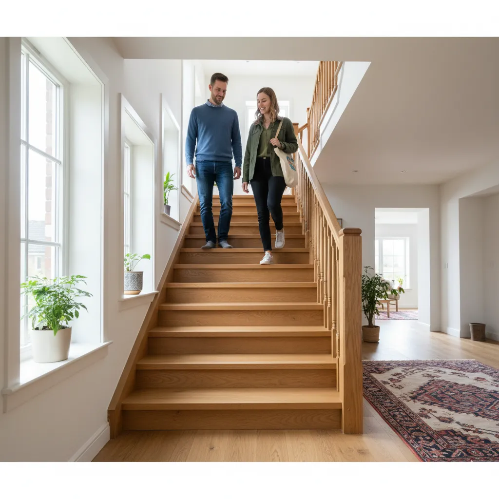 Zwei Personen begegnen sich problemlos auf einer 100 cm breiten Treppe.