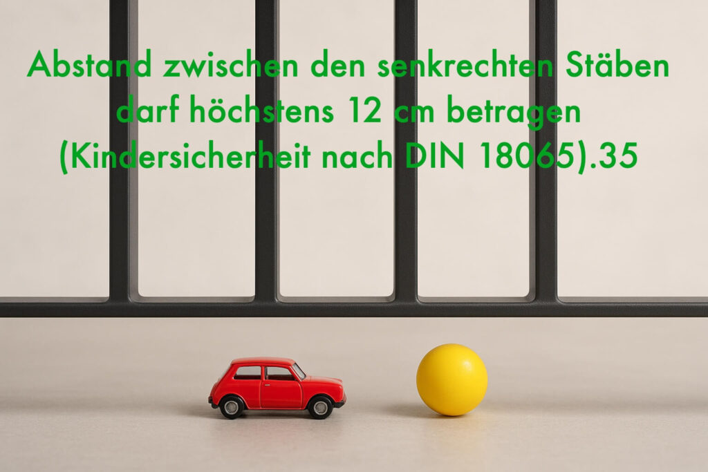 Ein kindersicheres Treppengeländer mit senkrechten Stäben (Stababstand unter 12 cm).