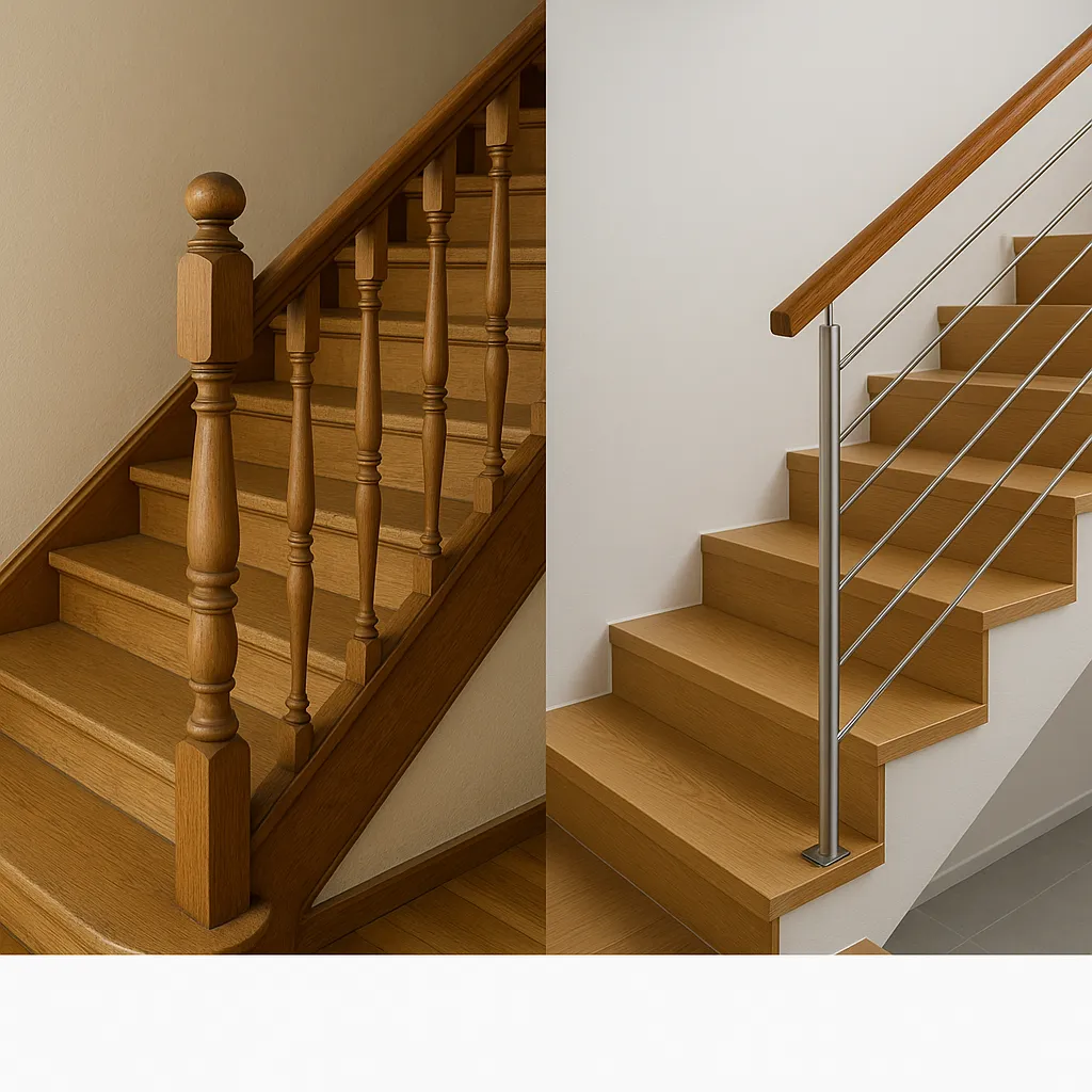 Vorher-Nachher-Vergleich einer Treppengeländer-Modernisierung von einem alten Holzgeländer zu einem modernen Glasgeländer.