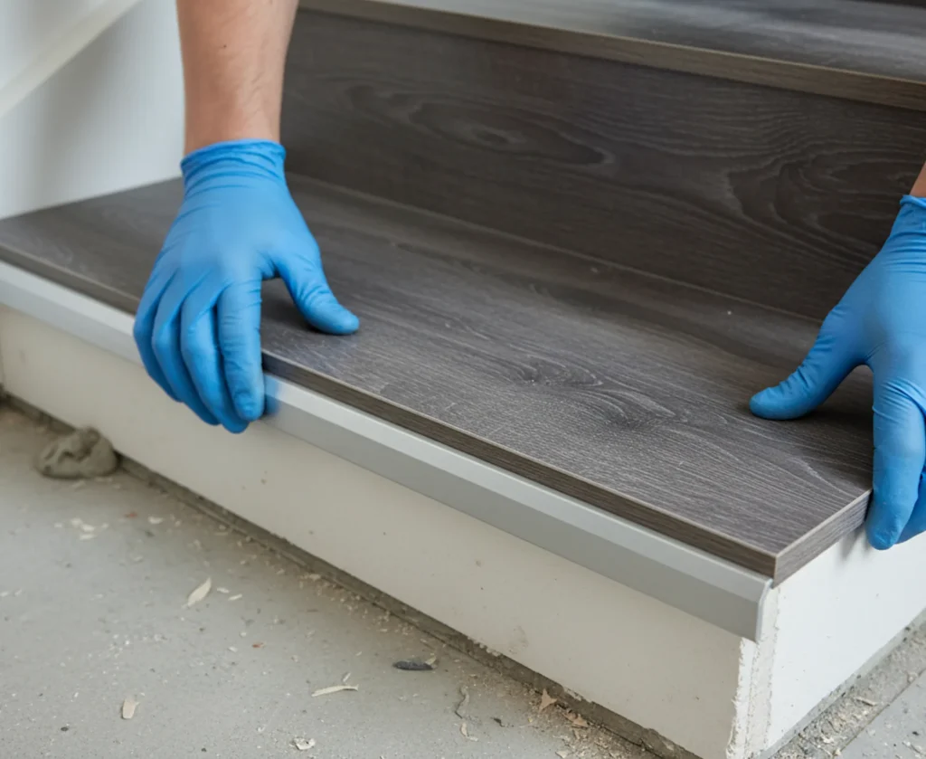 Ein Treppenkantenprofil aus Aluminium bildet den sauberen Abschluss einer mit Vinyl belegten Stufe.