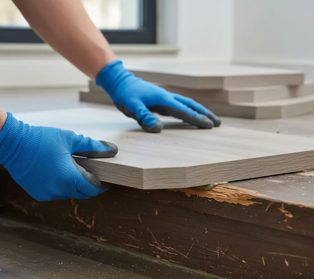 Montage einer vorgefertigten Systemstufe zur schnellen Treppenrenovierung.