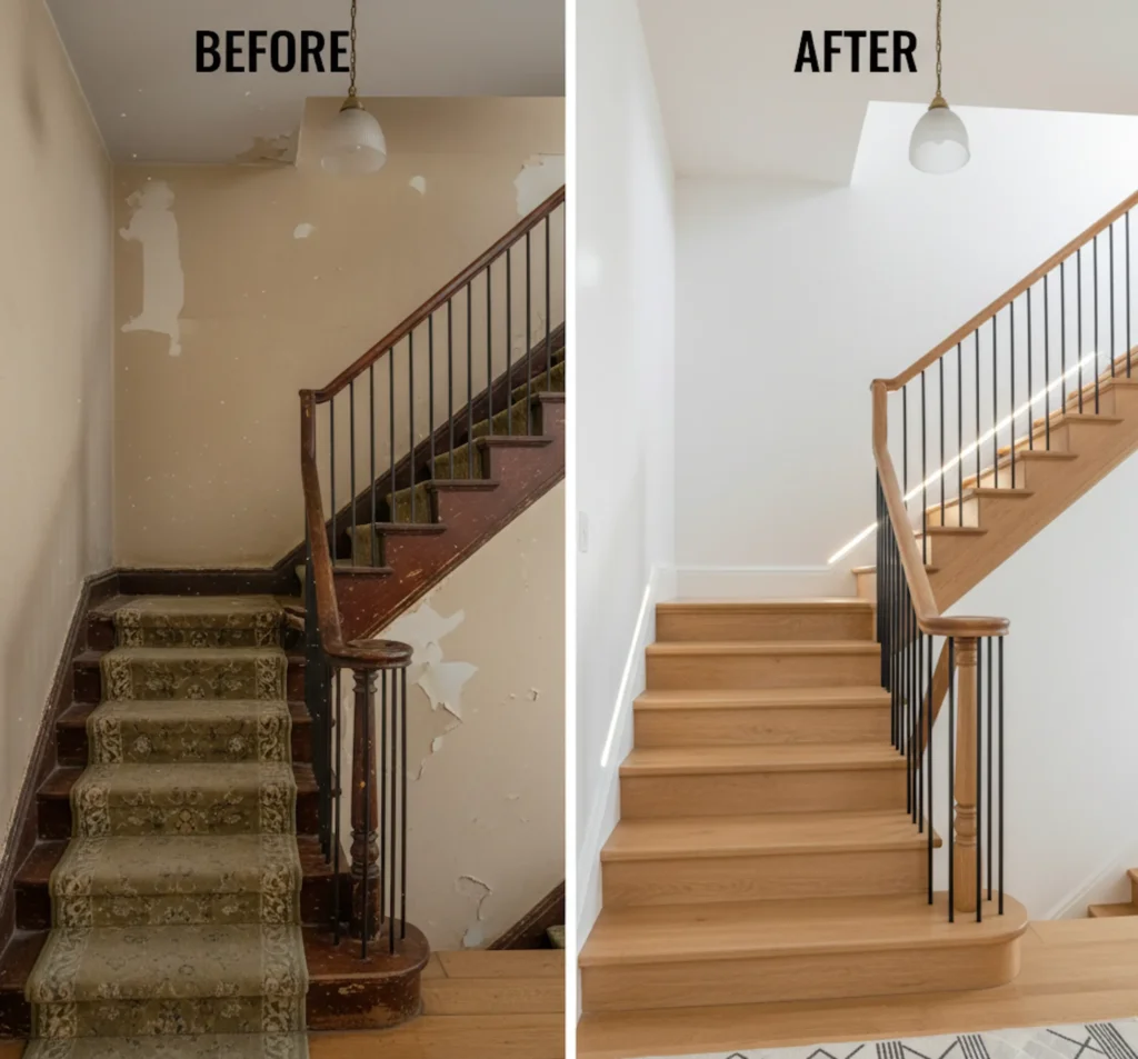 Vorher-Nachher-Vergleich einer Treppenrenovierung von einem alten Teppich zu modernen Holzstufen.