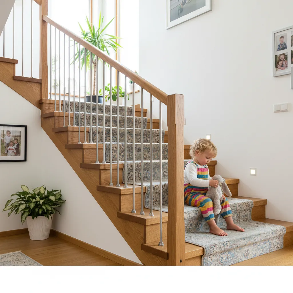 Eine moderne und sichere Treppe in einem Einfamilienhaus mit kindersicherem Geländer.