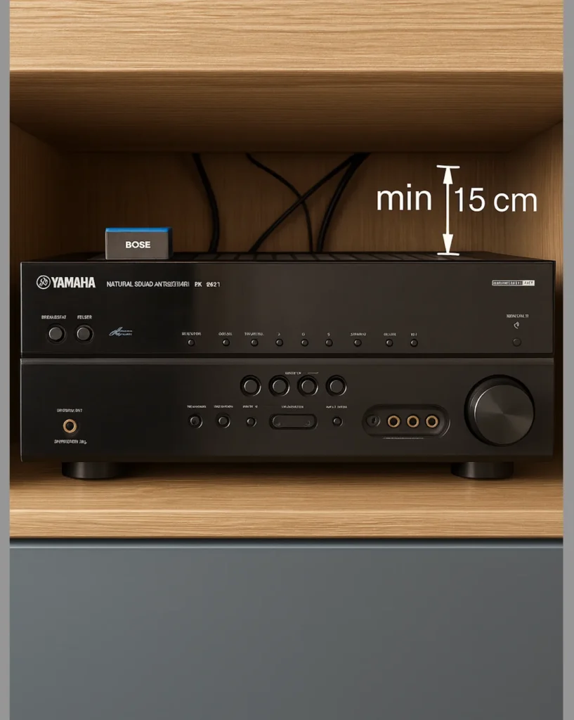 Schema der korrekten Belüftung für einen Verstärker in einem geschlossenen Küchenschrank.