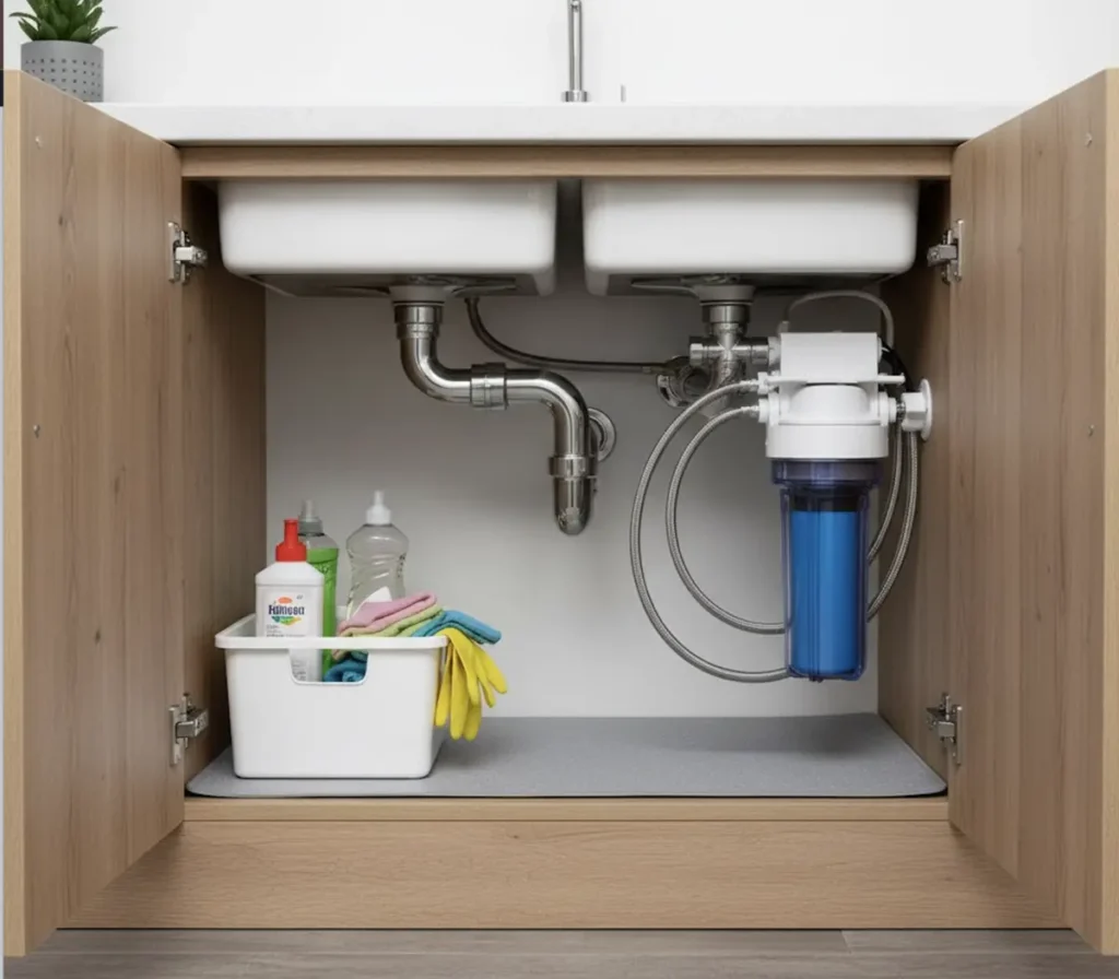 Organisierter Spülenschrank mit Raumsparsiphon, Wasserfilter und Anschlüssen