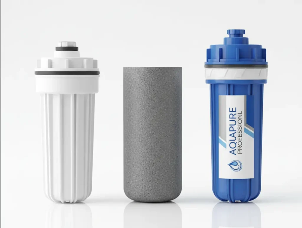 Verschiedene Wasserfilter-Kartuschen: Sediment, Aktivkohle und Ionentauscher.
