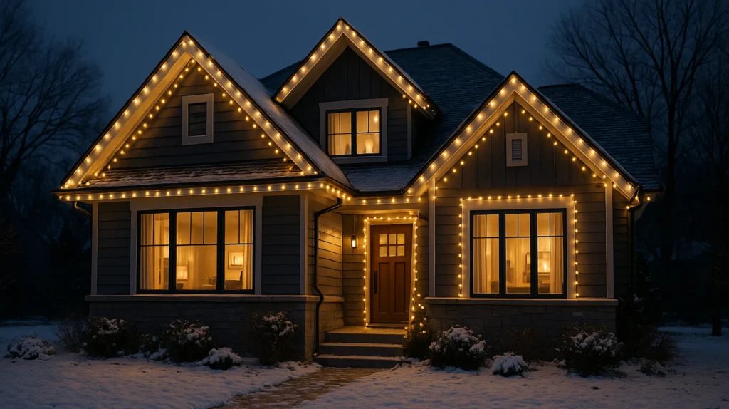 Ein moderns Haus mit stilvoller und warmer Weihnachtsbeleuchtung an der Fassade und am Dach.