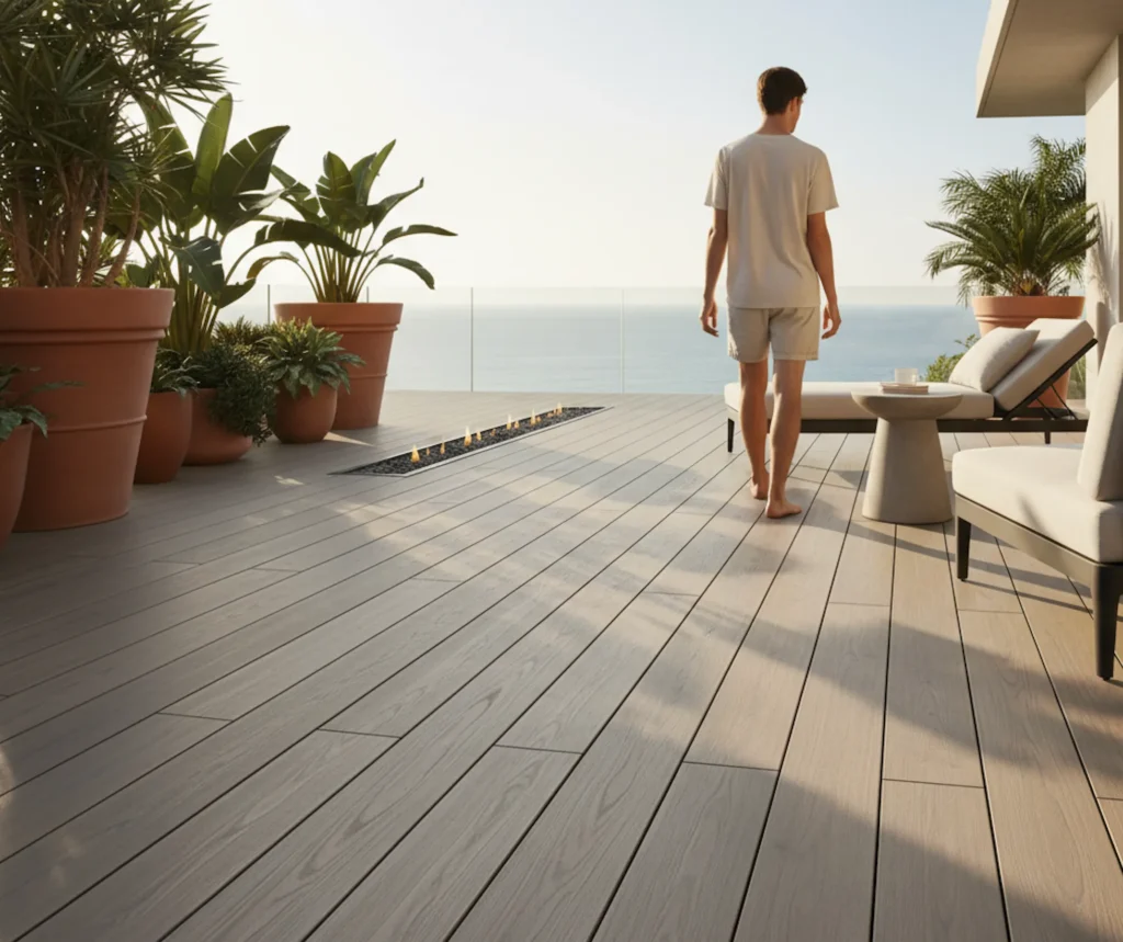 Eine pflegeleichte und moderne Terrasse mit langlebigen WPC-Dielen in Holzoptik.