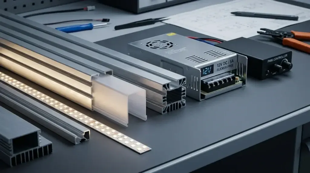 LED-Streifen mit Netzteil und PWM-Controller auf Tisch