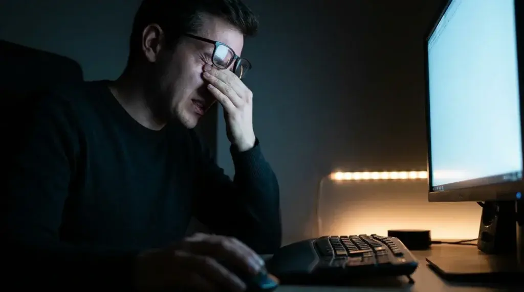 Mann reibt sich die Augen vor Computer.
