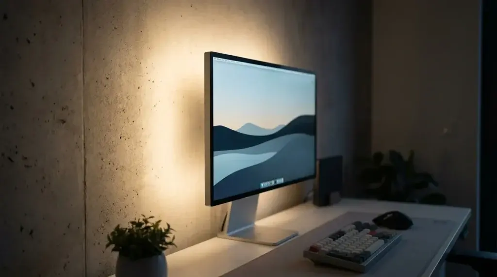 Minimalistischer Arbeitsplatz mit Monitor und Tastatur